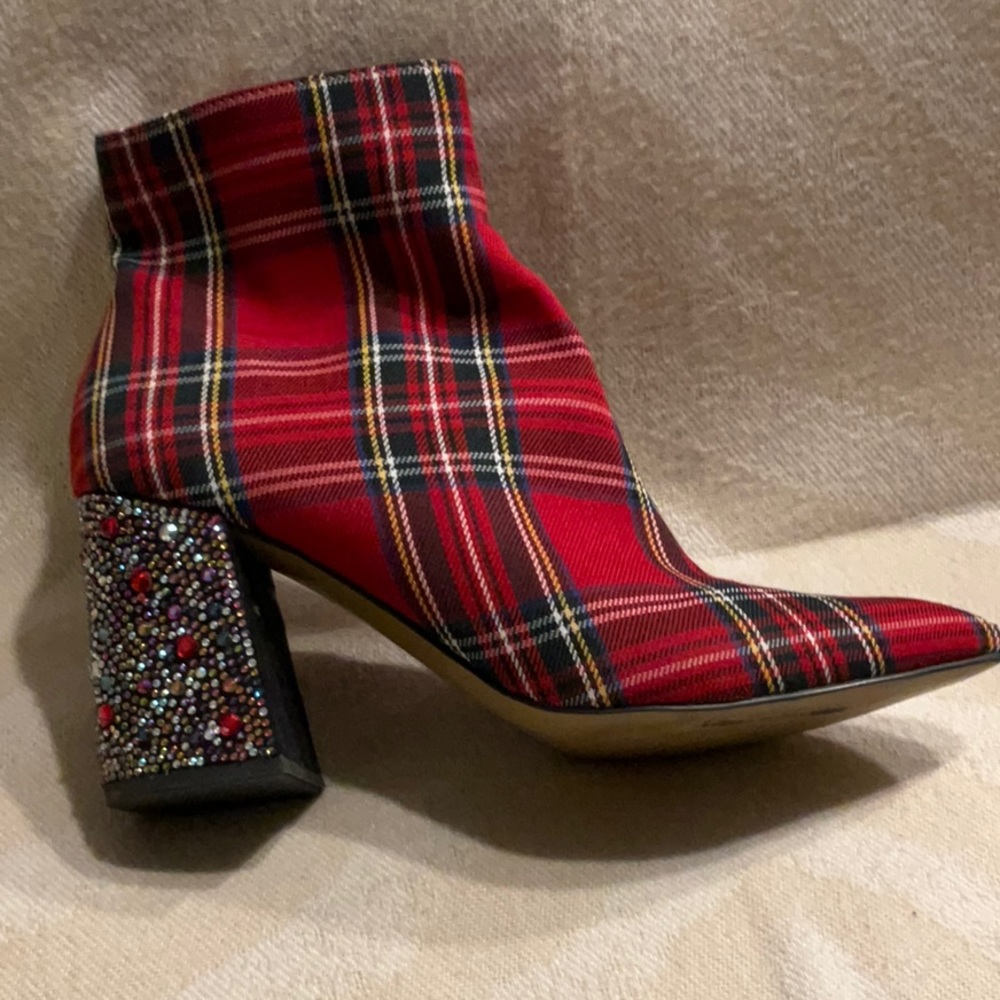 Gorgeous Betsey Johnson Red Plaid Booties with rhinestone beaded heels